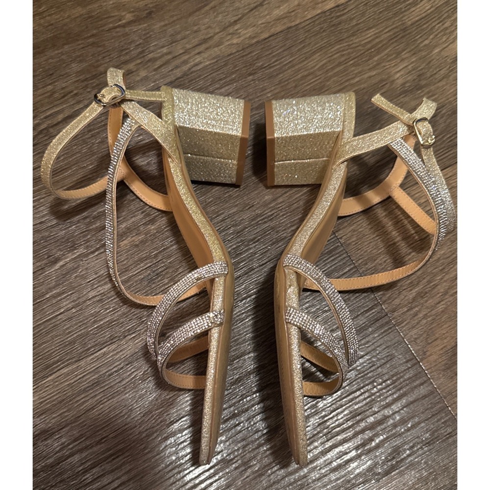 American Glamour Badgley Mischka Gold Glitter Rhinestone Block Heel Sandals 9.5 - Picture 8 of 13